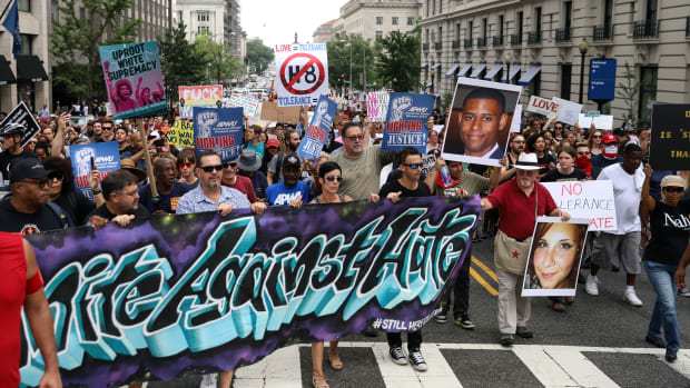 Counter-protesters march from Freedom Plaza to Lafayette Park before the Unite the Right rally on August 12th, 2018, in Washington, D.C.