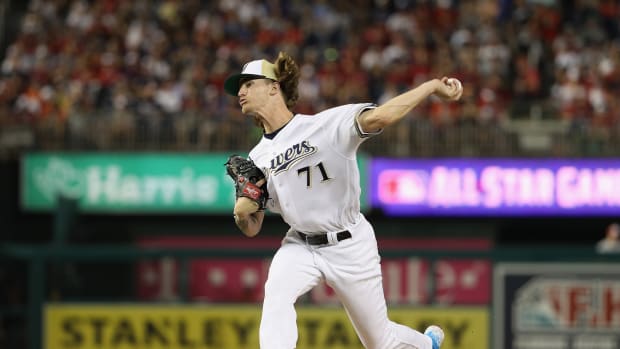 Josh Hader of the Milwaukee Brewers and the National League pitches in the eighth inning against the American League during the 89th MLB All-Star Game on July 17th, 2018, in Washington, D.C.