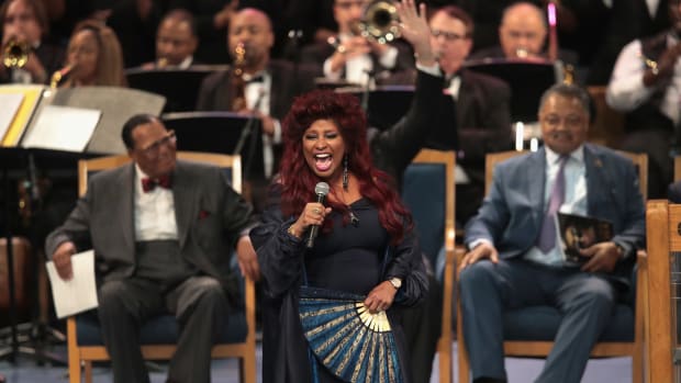 Chaka Khan performs at the funeral for Aretha Franklin at the Greater Grace Temple in Detroit, Michigan, on August 31st, 2018.