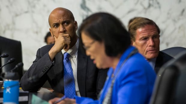 Senator Cory Booker (D-New Jersey) listens as Senator Mazie Hirono (D-Hawaii) questions Supreme Court nominee Brett Kavanaugh during the second day of his Supreme Court confirmation hearing on Capitol Hill on September 5th, 2018, in Washington, D.C.