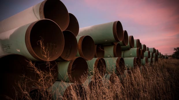 Miles of unused pipe, prepared for the proposed Keystone XL pipeline, sit in a lot outside Gascoyne, North Dakota.