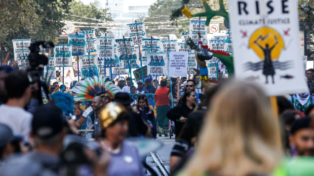 Crowds march up Market Street in downtown San Francisco on September 8th, 2018.