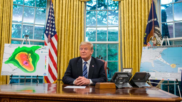 President Donald Trump is pictured following a briefing on Hurricane Florence in the Oval Office at the White House on September 11th, 2018, in Washington, D.C.