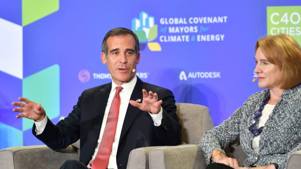 Los Angeles Mayor Eric Garcetti speaks during a panel discussion at the C40 Cities kickoff event at San Francisco's City Hall on September 12th, 2018.