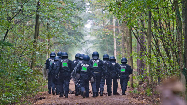 Police forces invade the Hambach Forest to evict activists protesting the expansion of an adjacent open-pit coal mine on September 13th, 2018, near Julich, Germany. The anti-coal activists have been living in tree houses in the forest in an effort to prevent German utility RWE from clearing the last 250 acres of forest.