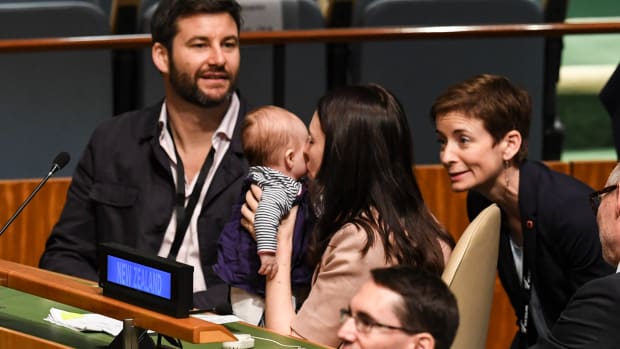 In June, Jacinda Ardern, the prime minister of New Zealand, became only the second head of state in modern history to give birth while in office (the first was Pakistan's Benazir Bhutto in 1990). Here, Ardern kisses her daughter, Neve Te Aroha Ardern Gayford, as her partner, Clarke Gayford (left), looks on during the Nelson Mandela Peace Summit on September 24th, 2018, one day before the start of the general debate of the 73rd session of the general assembly at the United Nations in New York.