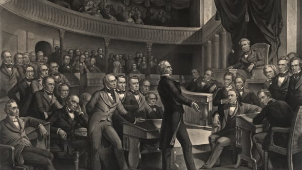The United States Senate, A.D. 1850, an engraving by Peter F. Rothermel that depicts Senator Henry Clay speaking in the Old Senate Chamber; Vice President Millard Fillmore presides, as Senator John C. Calhoun (to the right of the Speaker's chair) and Senator Daniel Webster (seated to the left of Clay) look on.