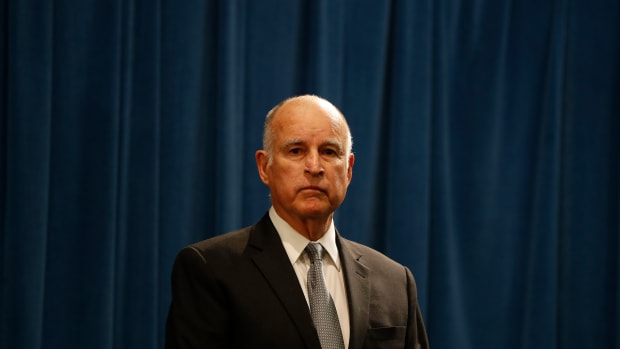 California Governor Jerry Brown speaks during a press conference at the California State Capitol on March 7th, 2018, in Sacramento, California.