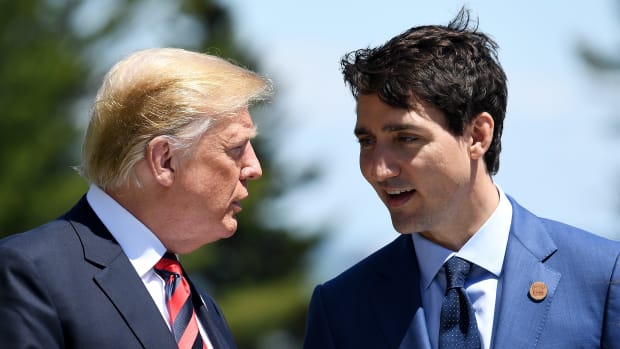 Prime Minister of Canada Justin Trudeau speaks with President Donald Trump during the G7 summit G7 meeting on June 8th, 2018, in Quebec City, Canada.