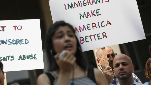 People protest President Donald Trump's immigration policies in front of a federal courthouse in Bridgeport, Connecticut, on July 11th, 2018.