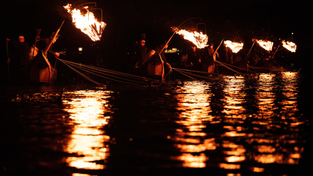 Cormorant fishermen use sea cormorants to catch sweetfish on October 9th, 2018 in Gifu, Japan. In this traditional fishing art, 'ukai,' a cormorant master called 'usho' manages the birds to capture ayu, or sweetfish. The ushos of River Nagara have been the official staff of the Imperial Household Agency of Japan since 1890. Currently, six fishermen of the Nagara River conduct special fishing for the Imperial family eight times a year, on top of daily fishing from mid-May to mid-October.