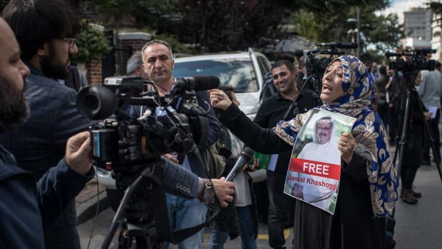 Nobel Prize winner Tawakkol Karman holds a poster of Khashoggi while speaking to the media during a protest outside the entrance to the Consulate of Saudi Arabia on October 5th, 2018, in Istanbul, Turkey. At the time, some believed that the writer was still inside and being held by Saudi officials.