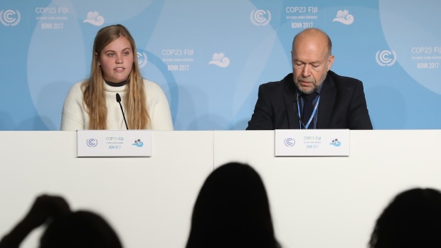 Climate expert and activist James Hansen and his grand-daughter Sophie Kivlehan, who is among 21 young plaintiffs in the federal lawsuit Juliana v. U.S. Government, speak at a press conference at the COP 23 United Nations Climate Change Conference on November 6th, 2017, in Bonn, Germany.