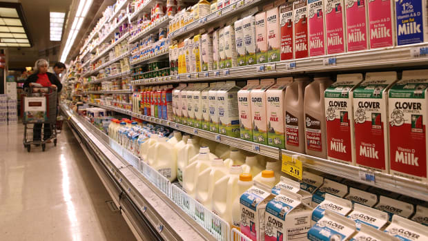 Containers of milk are displayed at Cal-Mart Grocery in San Francisco, California.