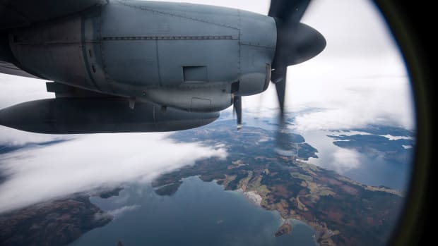 A picture taken from a United States Marines C-130 transport aircraft shows the area near Brekstad, Norway, during the North Atlantic Treaty Organization's Trident Juncture 2018 exercise on October 31st, 2018. Trident Juncture is a NATO-led military exercise being held in Norway from October 25th to November 7th. It's the largest of its kind in Norway since the 1980s—around 50,000 participants from NATO and partner countries, some 250 aircraft, 65 ships, and up to 10,000 vehicles are taking part. The main goal of Trident Juncture is to train the NATO Response Force and to test the alliance's defense capability.