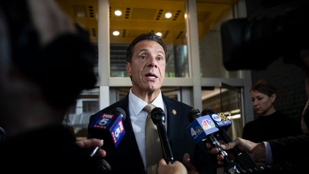 New York Governor Andrew Cuomo speaks to reporters outside his office in Midtown Manhattan, on October 24th, 2018.