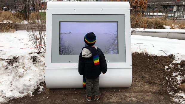 The video kiosk in Cleveland's Public Square was part of Julia Christensen's project "Waiting for a Break."
