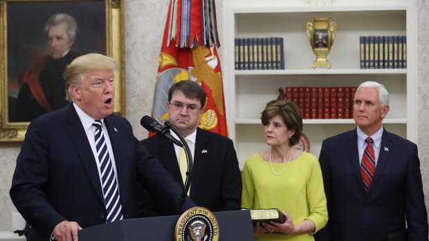 President Donald Trump speaks during a swearing-in ceremony for Robert Wilkie (R), to become secretary of the Department of Veterans Affairs.