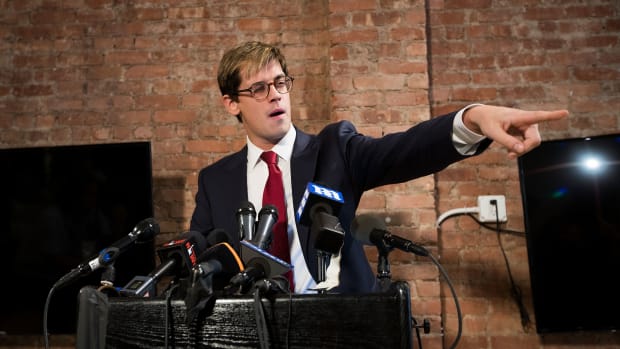Milo Yiannopoulos announces his resignation from Brietbart News during a press conference on February 21st, 2017, in New York City.