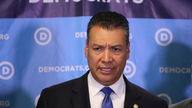 California Secretary of State Alex Padilla speaks during a press conference held at the Democratic National Headquarters on July 19th, 2017, in Washington, D.C.