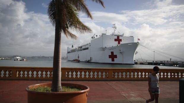 The U.S. Naval Hospital Ship Comfort in the Port of San Juan, arriving on October 3rd, 2017, after Hurricane Maria swept through the island of Puerto Rico.