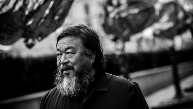 Chinese artist Ai Weiwei attends a gathering with media in front of the Trade Fair Palace run by the National Gallery on February 5th, 2016, in Prague, Czech Republic.