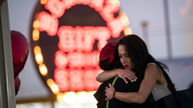 View of a makeshift memorial at the northern end of the Las Vegas Strip on October 4th, 2017, in Las Vegas, Nevada. On October 1st, Stephen Paddock killed at least 58 people and injured more than 450 after he opened fire on a large crowd at the Route 91 Harvest country music festival.