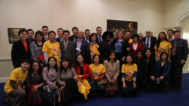 Members of the Maryland Chinese American Network pose with Republican state leadership after meeting to discuss both groups' opposition to sanctuary cities.