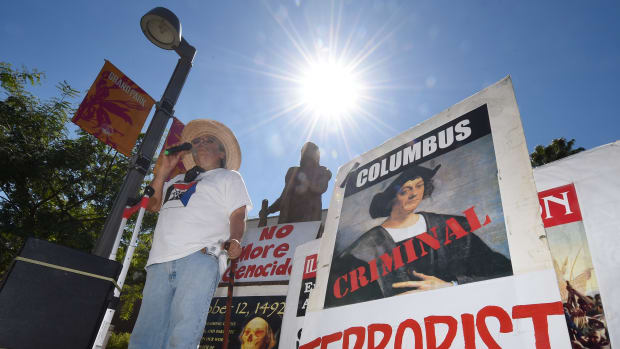 Olin Tezcatlipoca from the Mexica Movement speaks to demonstrators during a protest against Columbus Day in Los Angeles, California, on October 11th, 2015.