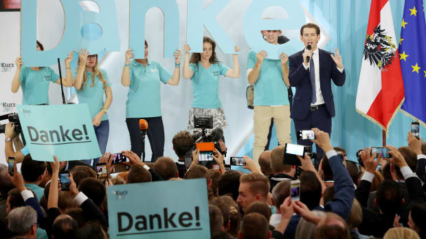 Sebastian Kurz (R), Austrian foreign minister and leader of the conservative Austrian People's Party, speaks to supporters after initial results give the party a first place finish and 31.4 percent of the vote in Austrian parliamentary elections on October 15th, 2017, in Vienna, Austria.