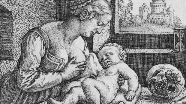 A mother breastfeeding her child, circa 1600.