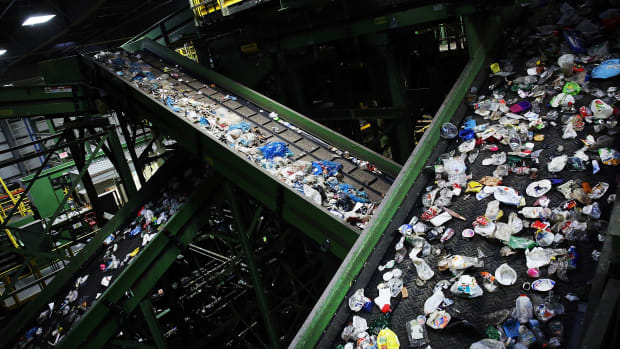 Recycling is viewed at the Sims Municipal Recycling Facility, an 11-acre recycling center on the Brooklyn waterfront on April 22nd, 2015, in New York City.
