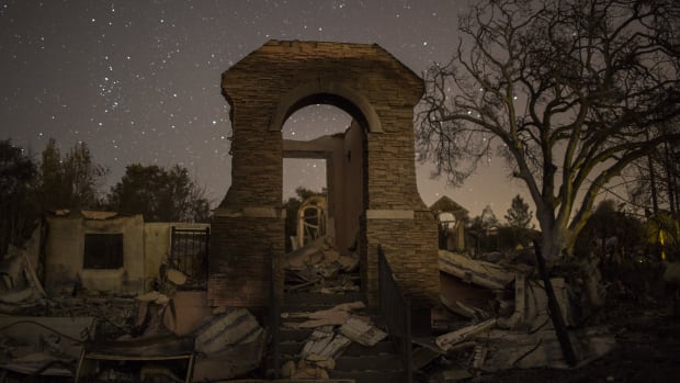 The ruins of houses destroyed by the Tubbs Fire are seen near Fountaingrove Parkway on October 14th, 2017, in Santa Rosa, California.