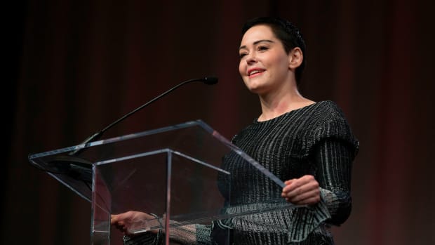 Actress Rose McGowan speaks to an audience at the Women's March/Women's Convention in Detroit, Michigan, on October 27th, 2017.
