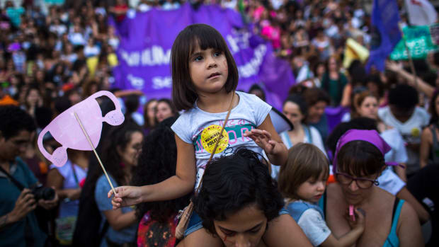 Thousands of Brazilians protest against a controversial bill that aims to cut the right to abortion in Rio de Janeiro, Brazil, on November 13th, 2017. The proposal would ban abortion even in the case of rape or a pregnancy that threatens a woman's life.