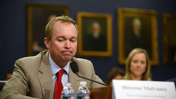 Mick Mulvaney testifies during a Financial Services and General Government Subcommittee hearing on the budget for the Office of Management and Budget on Capitol Hill.