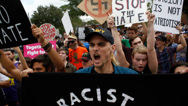 Demonstrators gather at the site of a planned speech by white nationalist Richard Spencer at the University of Florida on October 19th, 2017, in Gainesville, Florida.