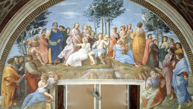 Raphael's Parnassus depicts famous poets reciting alongside the nine Muses atop Mount Parnassus.
