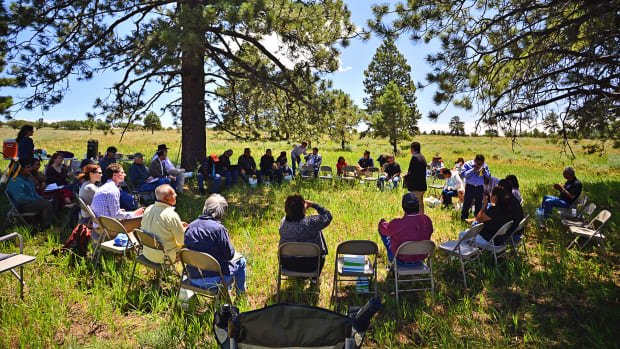 Convening Tribes gather below the Bears Ears buttes.
