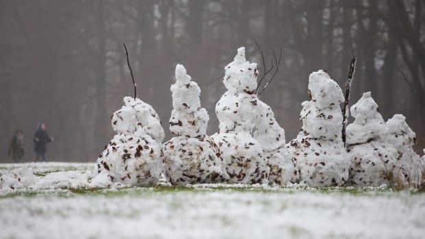 Snowmen stand on a field in Bielefeld, northwestern Germany.