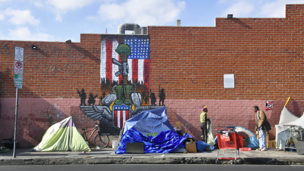 A makeshift homeless encampment in Los Angeles, California.
