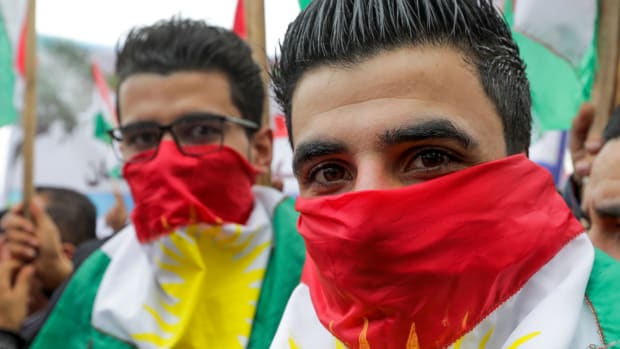 Lebanese Kurds take part in a protest near the European Commission offices in Beirut on January 28th, 2018, against the ongoing Turkish military campaign in the Kurdish-held Syrian enclave of Afrin. Turkey launched an offensive against the Kurdish People's Protection Units on January 20th in their enclave of Afrin, supporting Syrian rebels with airstrikes and ground troops.