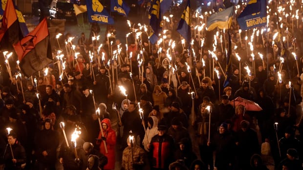 A mass march takes place in Kiev, Ukraine, on January 29th, 2018, to mark the 100th anniversary of a battle near the the small Ukrainian city of Kruty. On January 29th, 1918, Soviet Russia sought to absorb the then-Ukrainian state, sparking a clash between several hundred Ukrainian People's Republic's troops and several thousand soldiers of the Red Guard.