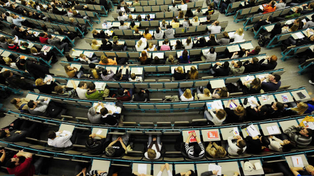 New students sit and wait to be welcomed in one of the lecture halls of the Johannes Gutenberg University in Mainz, Germany, on April 9th, 2008.