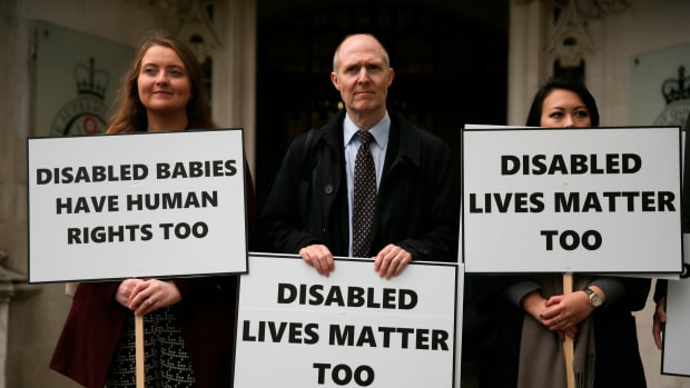 Anti-abortion activists demonstrate outside the the Supreme Court in central London on October 24th, 2017, where a case on the abortion regime in Northern Ireland was being heard. Abortion in Northern Ireland is illegal in all cases except when the life of the mother is in danger.