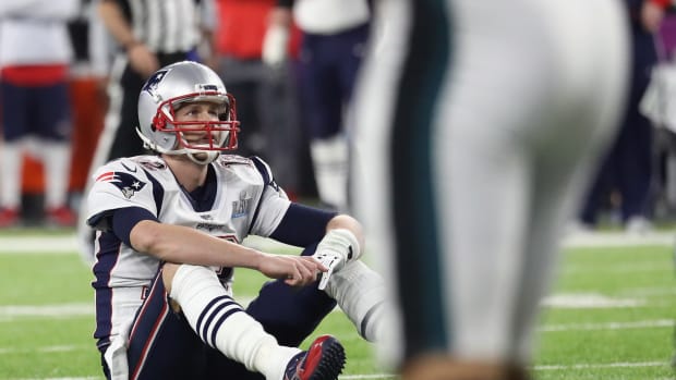Tom Brady reacts after fumbling the ball during the fourth quarter against the Philadelphia Eagles in Super Bowl LII on February 4th, 2018, in Minneapolis, Minnesota.