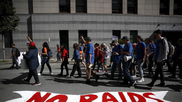 Protesters march during a May Day demonstration outside a U.S. Immigration and Customs Enforcement (ICE) office in San Francisco