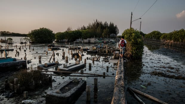 A man walks through a public cemetery submerged by flood waters from rising sea levels on June 8th, 2017, in Semarang, Indonesia.