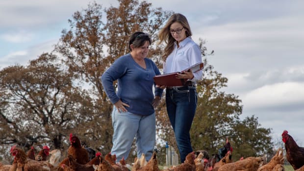 Native American farmer and retired teacher Jerri Parker, pictured with soil conservationist Mary Collier, operates a farm in Cromwell, Oklahoma.