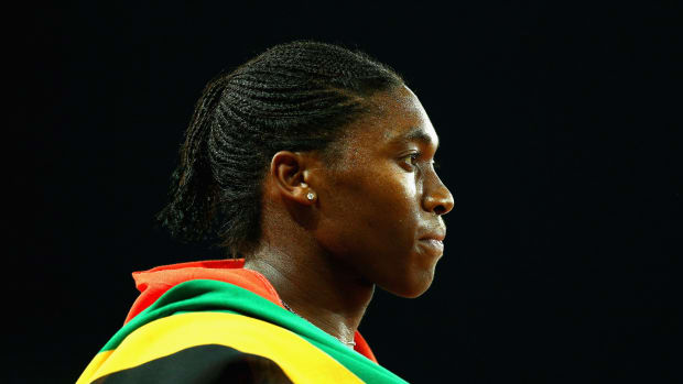 Caster Semenya of South Africa celebrates after winning gold in the Women's 800 meters.